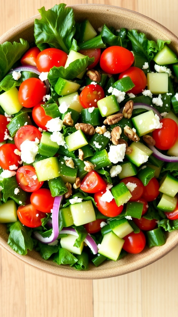 A colorful kale salad with cherry tomatoes, cucumber, red onion, and feta cheese in a rustic bowl.